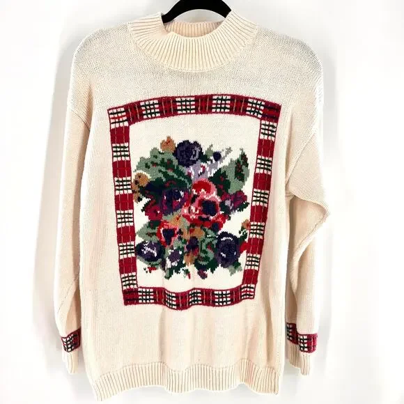 women's SM vintage floral intarsia mock neck sweater plaid off white pink purple - Picture 4 of 8